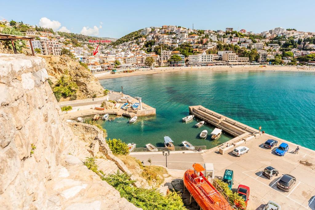 an aerial view of a harbor with boats in the water at Beach Center in Ulcinj