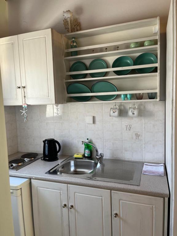 a kitchen with a sink and green dishes on shelves at Maniatis Garden in Achladies