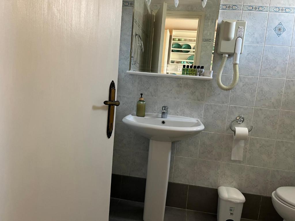 a bathroom with a sink and a mirror and a toilet at Maniatis Garden in Achladies