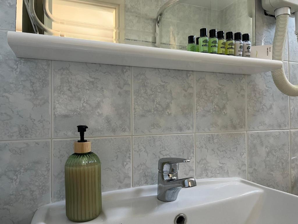 a green soap dispenser sitting on top of a sink at Maniatis Garden in Achladies
