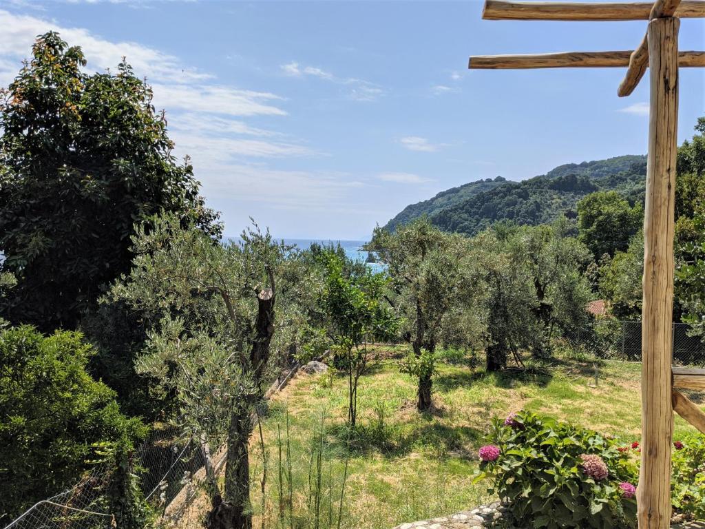 a cross next to a field with trees and the ocean at Daria's Home in Agii Saranta