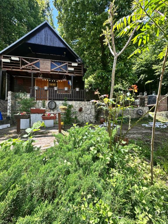 a garden with a house in the background at Vikendica Lenka in Sijarinska Banja