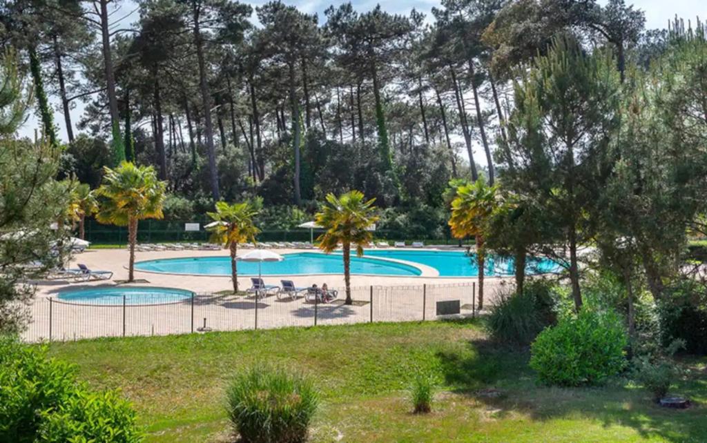 une piscine avec des palmiers et des chaises dans un parc dans l'établissement Appartement plage piscine tennis, à Ondres