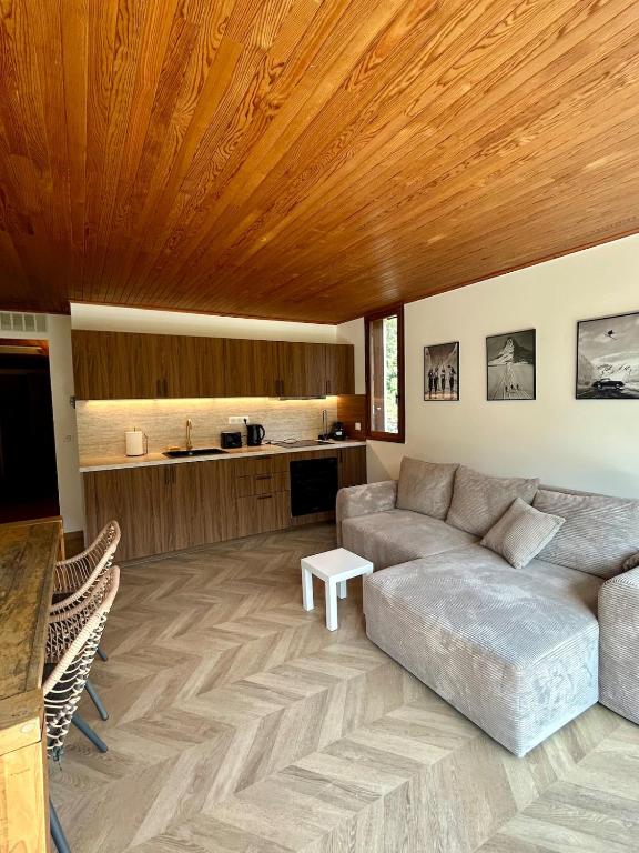 - un salon avec un canapé et un plafond en bois dans l'établissement T3 appart 50 metres des pistes, à La Salle Les Alpes