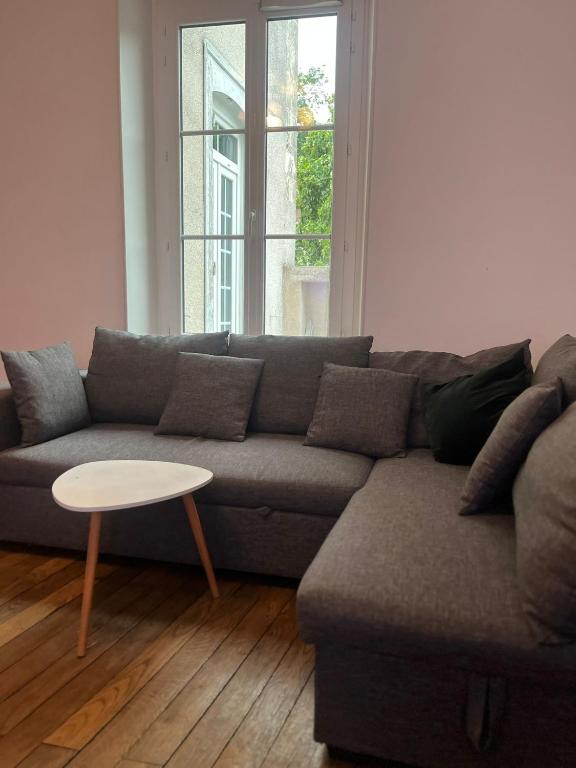 un salon avec un canapé et une table dans l'établissement Grand appartement avec terrasse - A 5 min de la Cathédrale, à Bourges