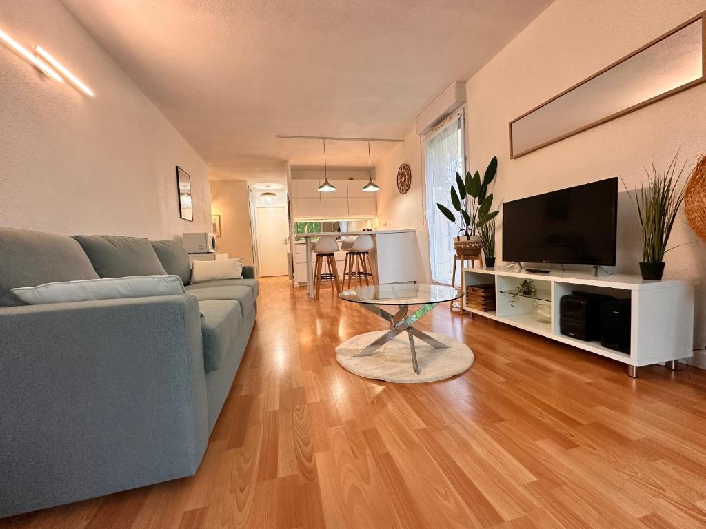 un salon avec un canapé bleu et une télévision dans l'établissement magnifique T2 vue sur parc, à Capbreton