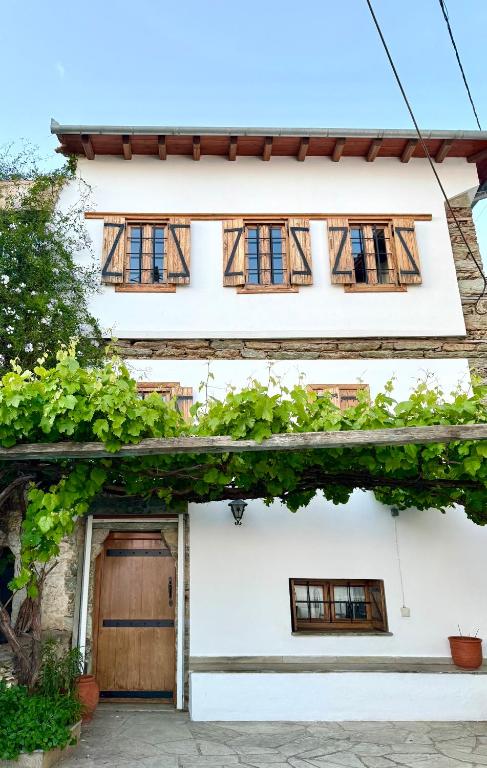 a white building with windows and vines on it at Vines & Views in Ano Volos