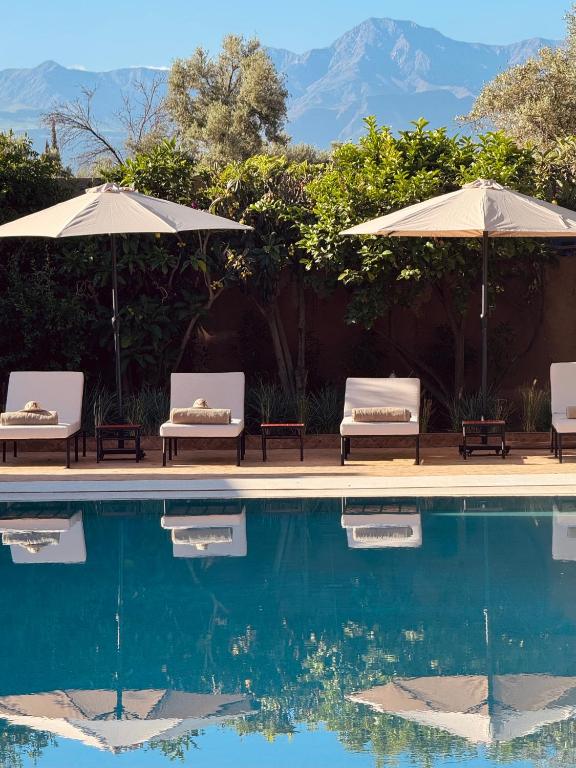 two chairs and umbrellas next to a swimming pool at Le mas de l'Ourika, maison d'hôtes in Aït Zat
