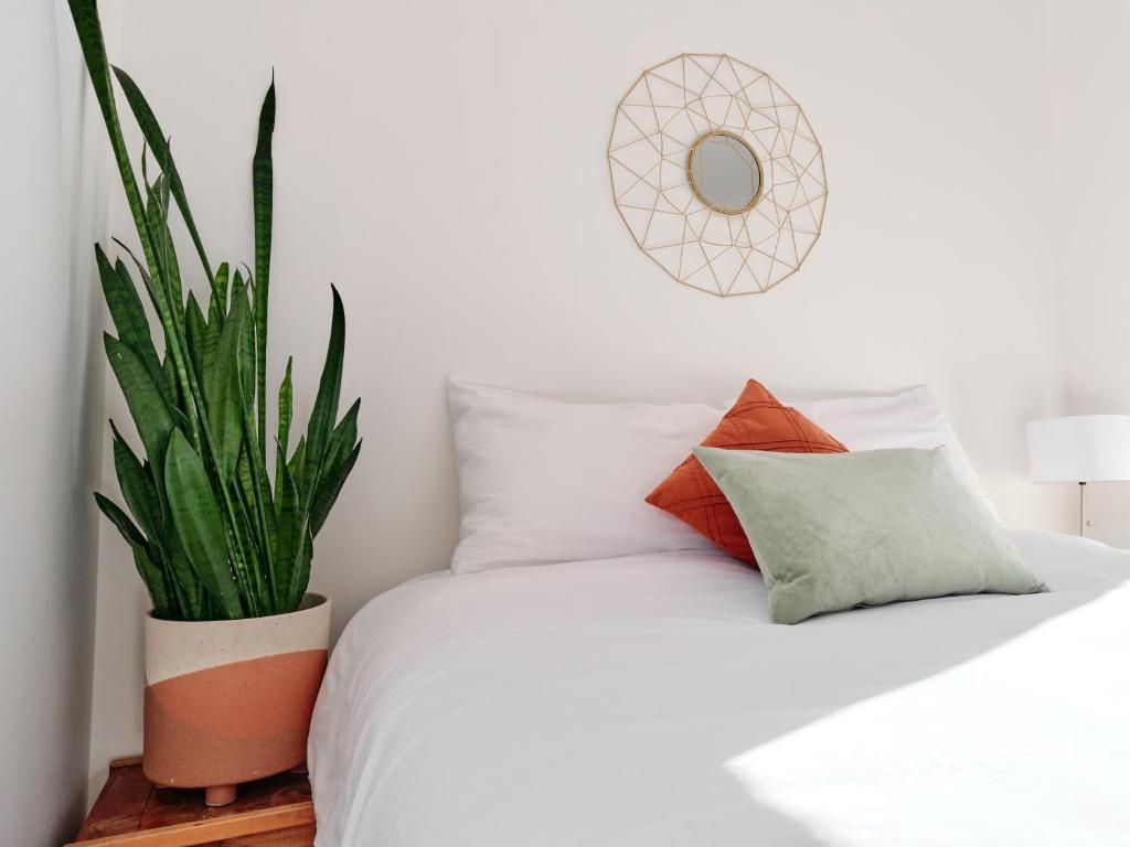 a bedroom with a bed with a potted plant at BALCON BLANC - Auberge à Chicoutimi, Saguenay in Saguenay