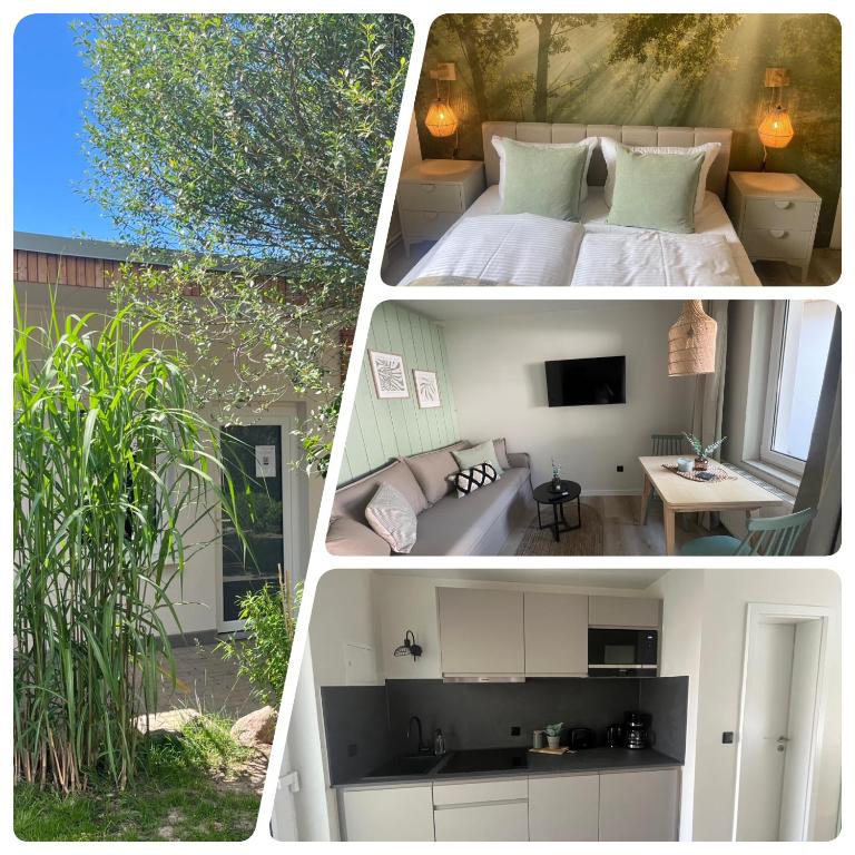 a collage of three pictures of a bedroom and a living room at Bungalow Green Park in Benz
