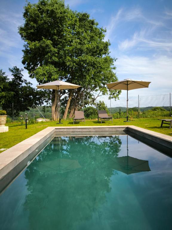 - une piscine avec deux parasols dans une cour dans l'établissement Beautiful villa between Uzès & Avignon, à Saint-Marcel-de-Carreiret
