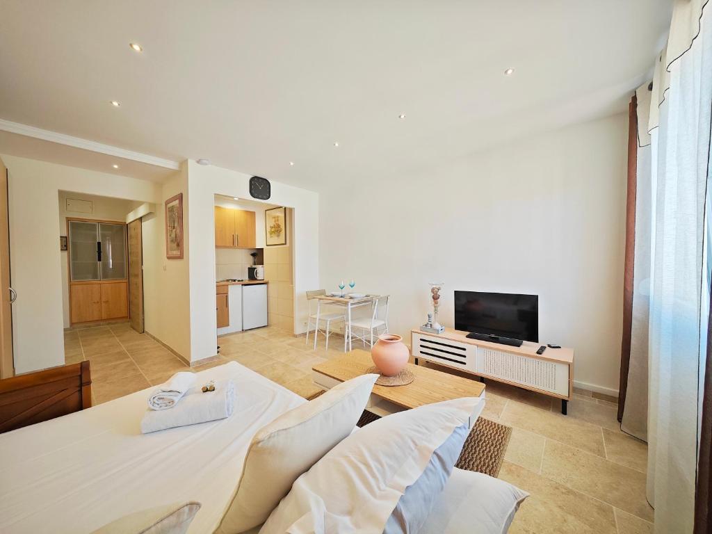 un salon avec une table et une télévision dans l'établissement Calm and central studio, à Cannes