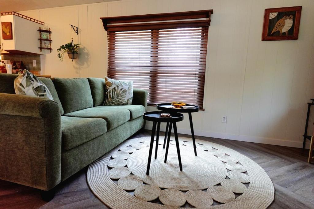 a living room with a green couch and a table at Grandma's House at Rosewood Lodge in Iola