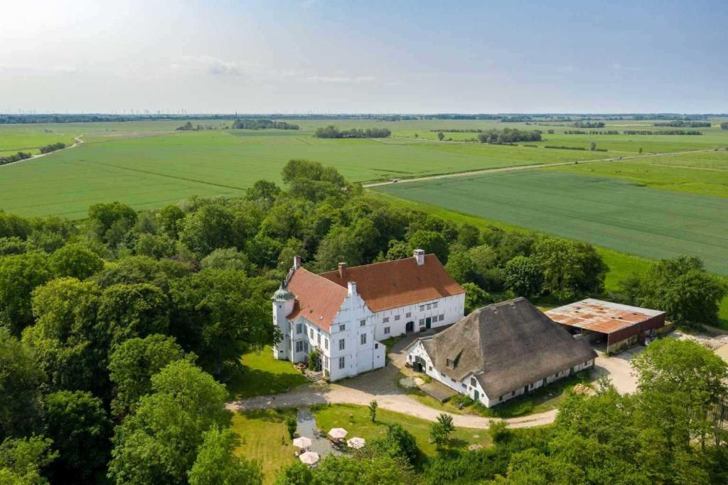 une vue aérienne sur une grande maison blanche dans un champ dans l'établissement Wohnung 4 Anna Owena ID 386, à Oldenswort