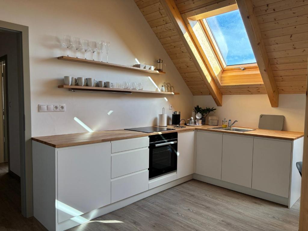 Kuchyň nebo kuchyňský kout v ubytování Apartmány Hrachov