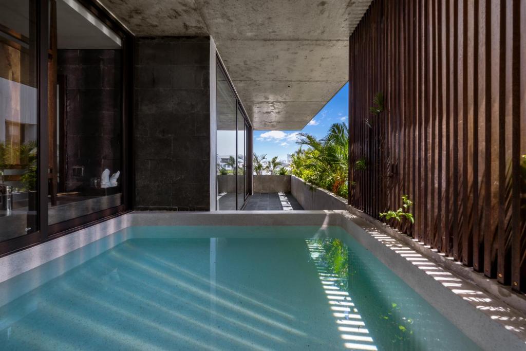 A narrow private-looking plunge pool enclosed by concrete, glass and timber screens.