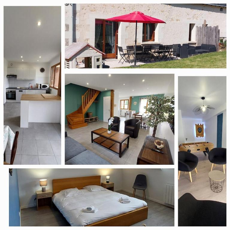 un collage de photos d'une cuisine et d'une maison dans l'établissement Gîte familial proche d'Amboise, à Souvigny-de-Touraine
