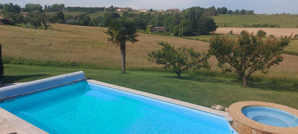 a swimming pool with a view of a field and trees at Cabane Wood & Spa in Chasselay