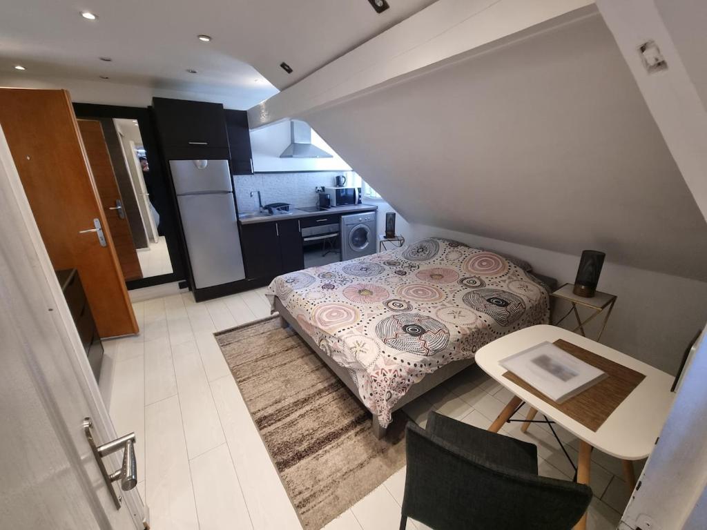 Cette petite chambre comprend un lit et une cuisine. dans l'établissement Nice Studio near city center & Lake, à Annecy