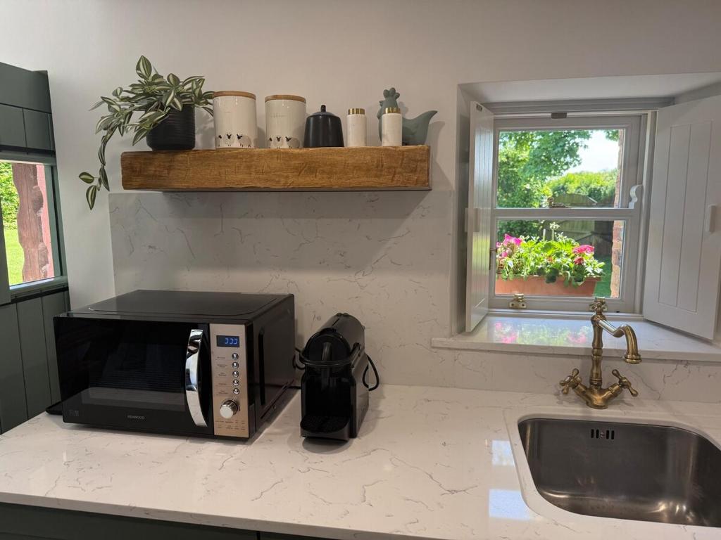 Aghade BridgeHolly Cottage Cozy Loft的配有微波炉和水槽的厨房柜台