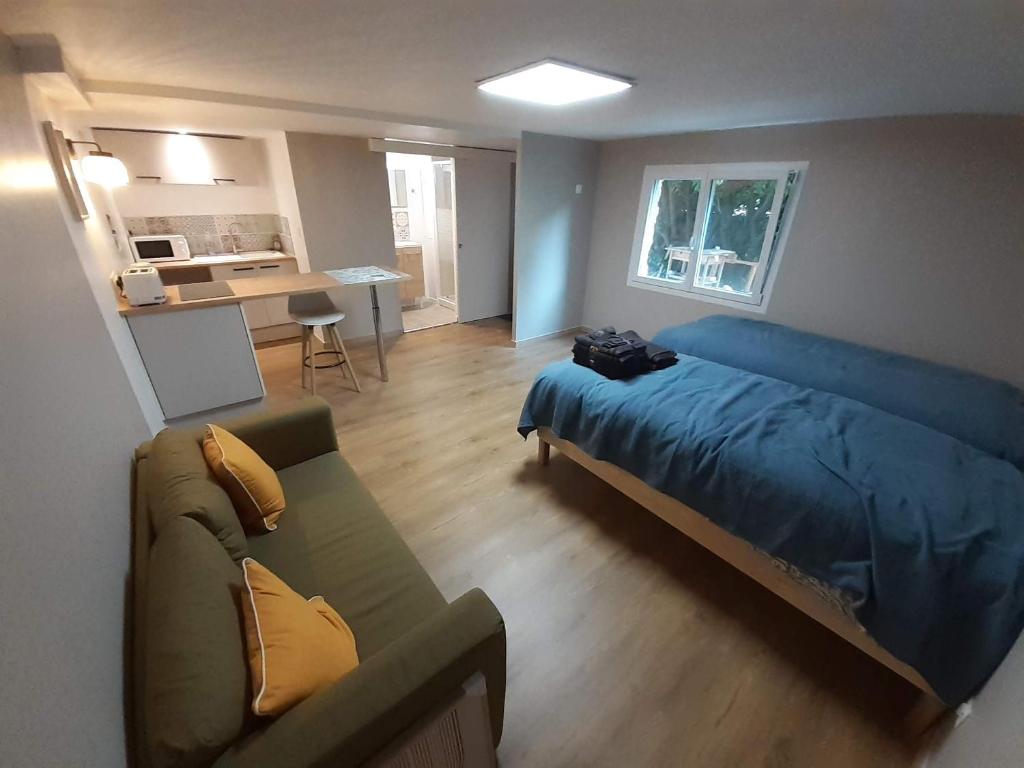 une chambre avec un lit, un canapé et un bureau dans l'établissement Studio Le bon coin, à Condrieu