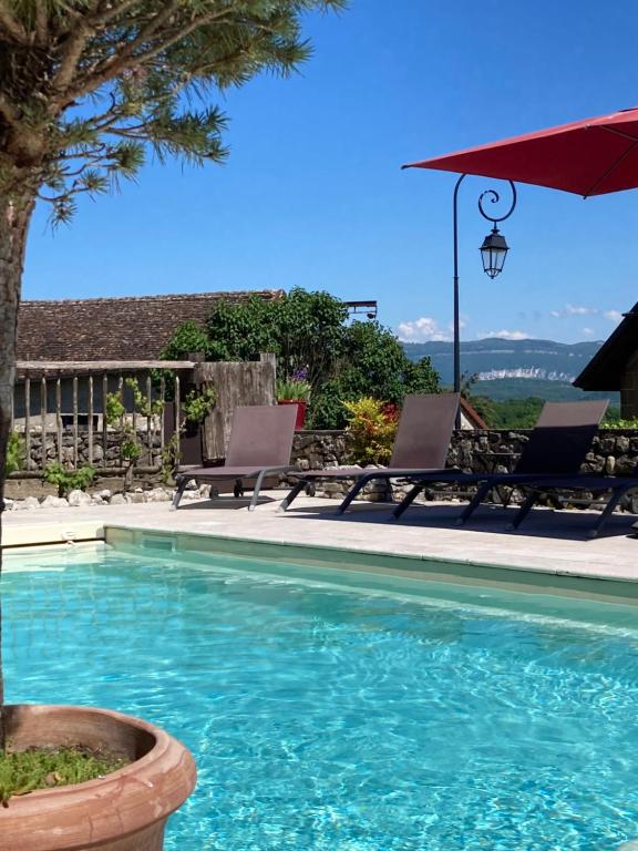 une piscine avec deux chaises et un parasol dans l'établissement Le Clos Bô-m, à Marignieu