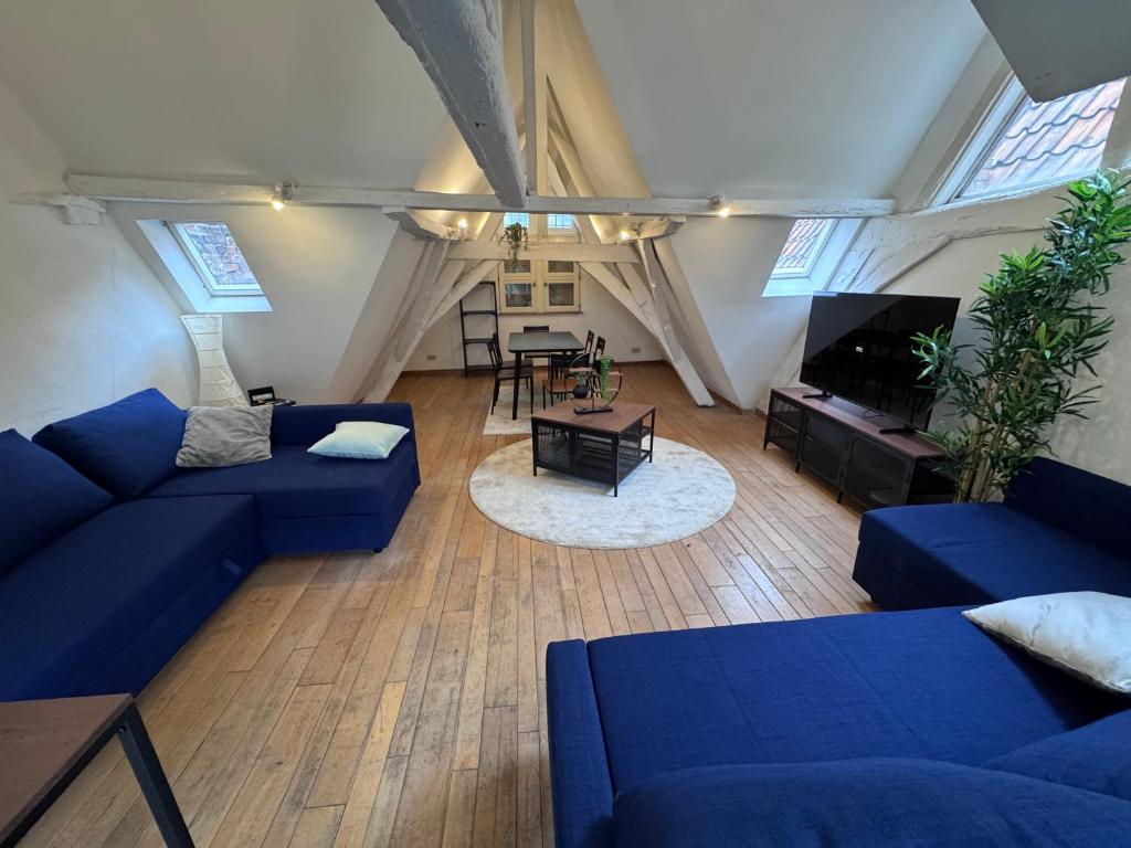 a living room with blue couches and a tv at Gent-cosy-stay in Ghent
