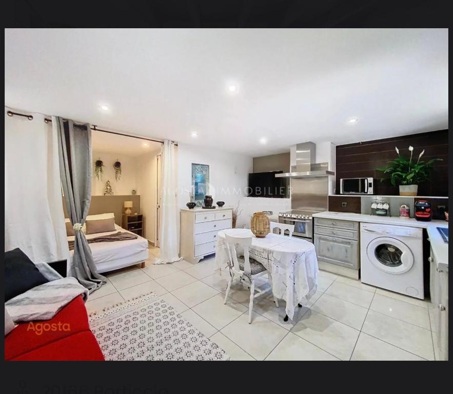 une cuisine avec une table et une cuisine avec un lave-linge dans l'établissement Studio Agosta Plage, à Albitreccia