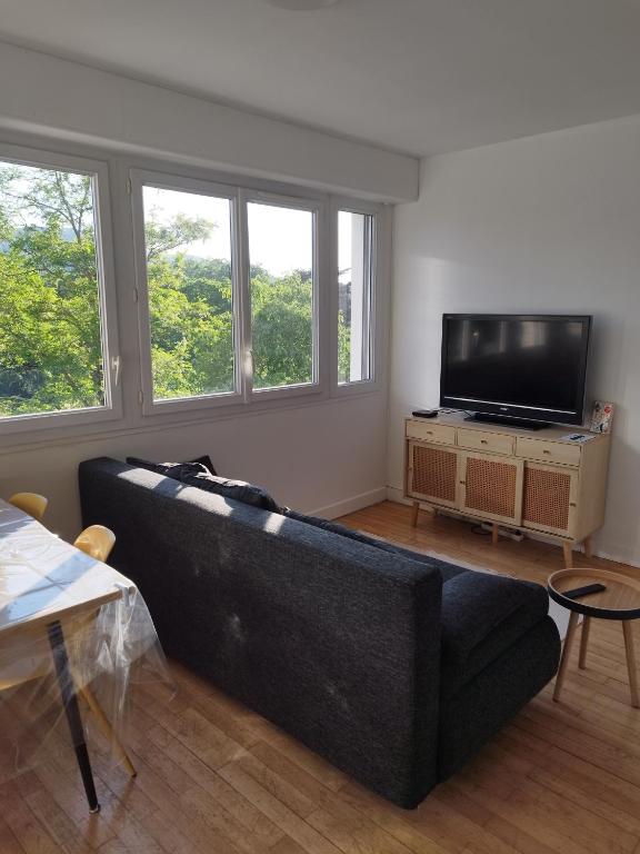 TV a/nebo společenská místnost v ubytování Coucher de soleil, gros matelas, parking, 2 lits, lave-linge, wifi, netflix