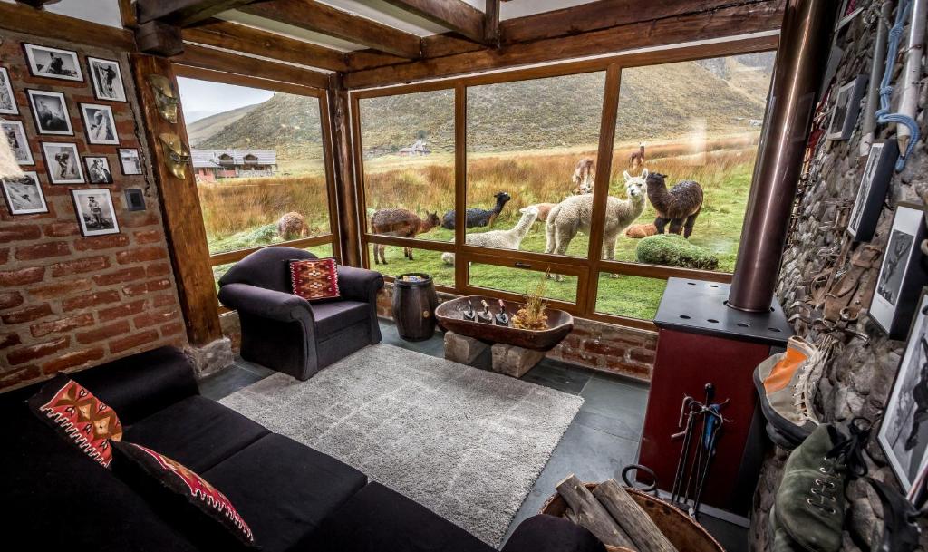 a living room with a view of animals through a window at Chimborazo Lodge in Chimborazo