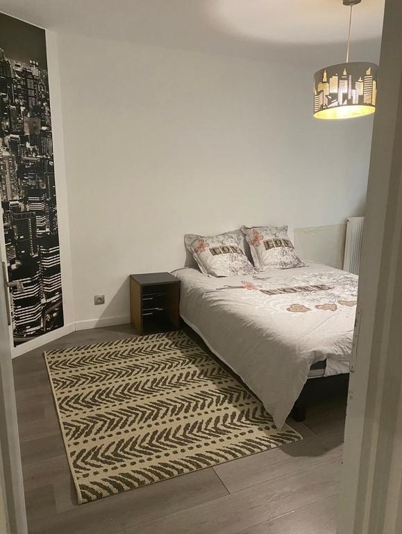 une chambre avec un lit et un tapis dans l'établissement 3 pièces calme 5 mn Port, à Nice