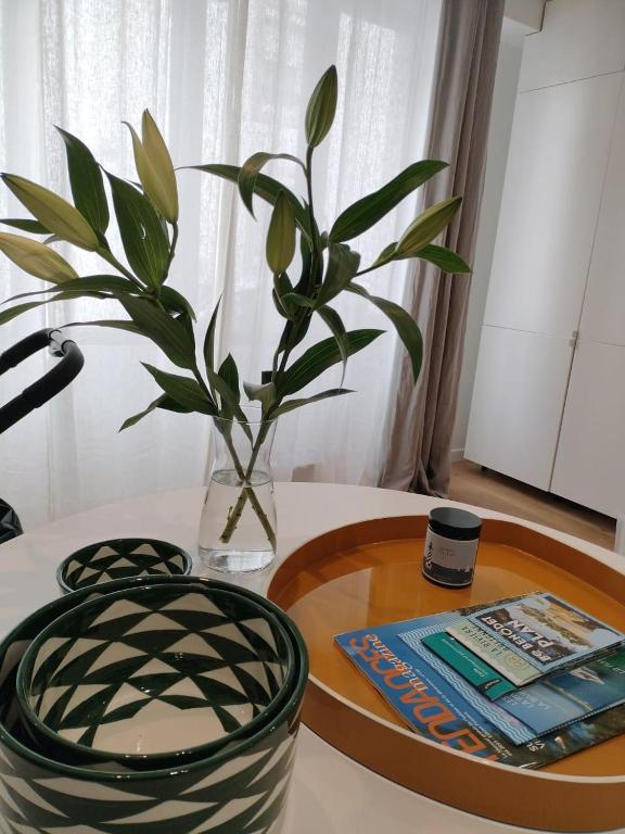 un vase avec une plante assise sur une table dans l'établissement BORD de MER au COEUR de Bénodet, beau duplex contemporain tout equipe, à Bénodet