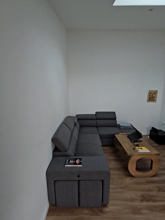 un salon avec un canapé et une table basse dans l'établissement Accueillant T2 avec terrasse privée, à La Rochelle