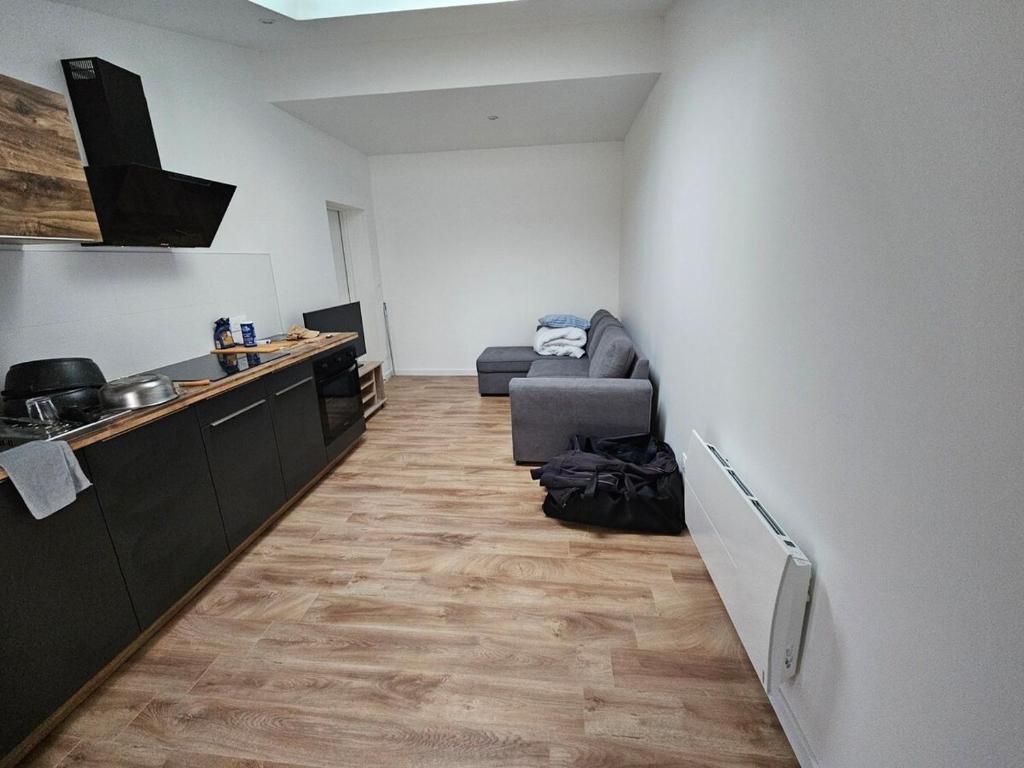 un salon avec un canapé et une cuisine dans l'établissement peaceful new home T2, à La Rochelle