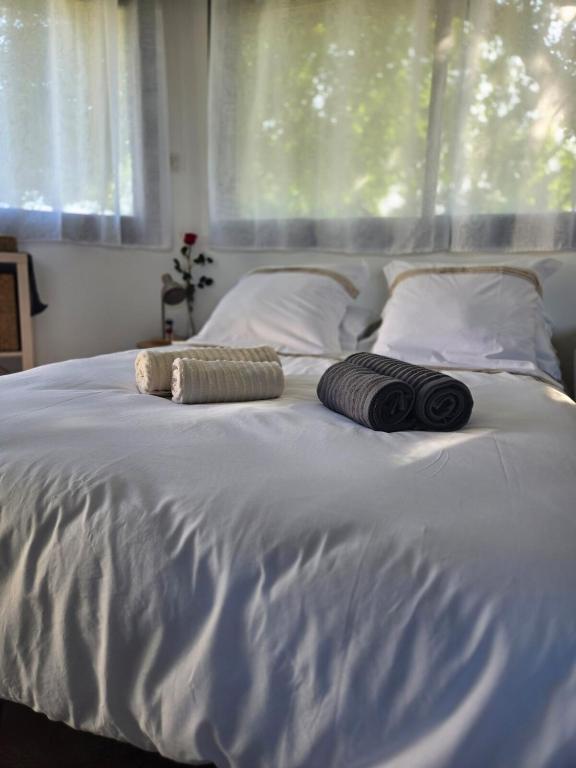 un lit blanc avec deux serviettes dessus dans l'établissement studio de charme, à Montbazin