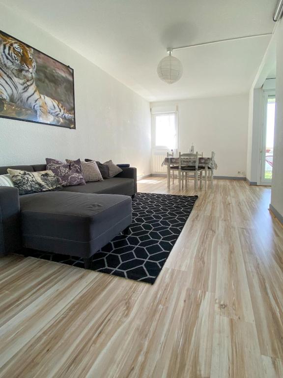 un salon avec un canapé et une table dans l'établissement Appartement Résidence piscine, à Biscarrosse