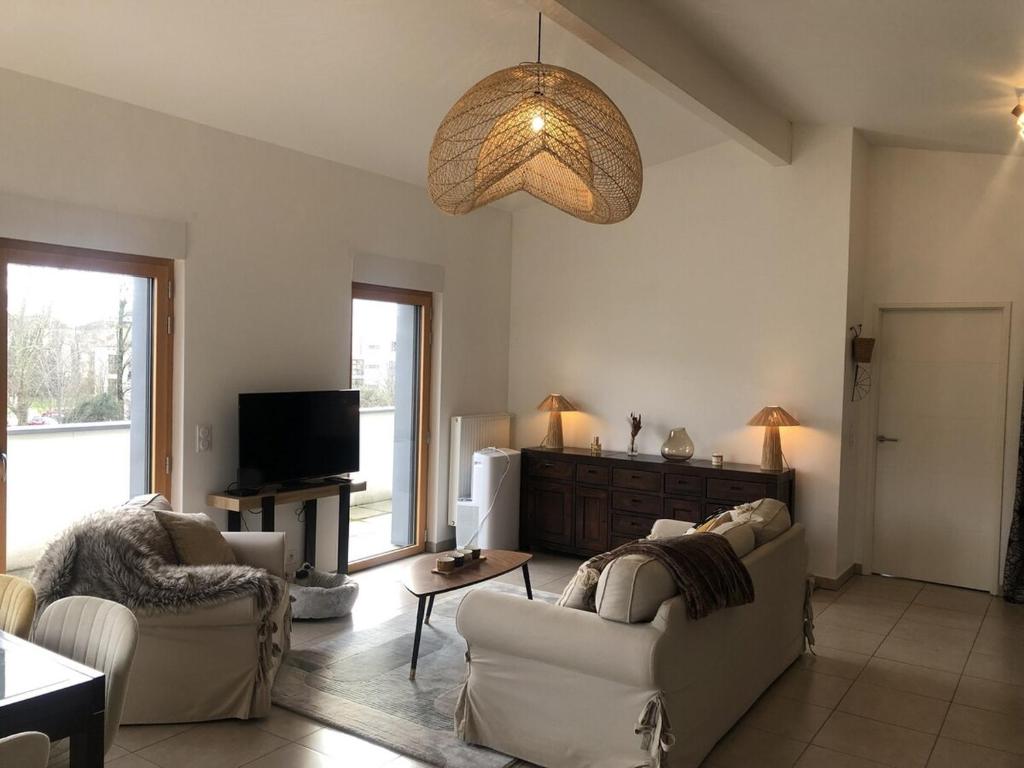un salon avec deux canapés et une télévision dans l'établissement Appartement T3 65 m2 2 chambres terrasse, à Aix-les-Bains