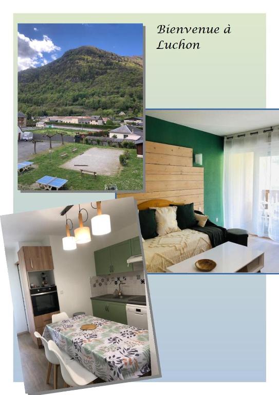 un collage de photos d'une chambre et d'une cuisine dans l'établissement appart T 3 Bagnères-de-Luchon vue montagne - piscine mi juin, à Luchon