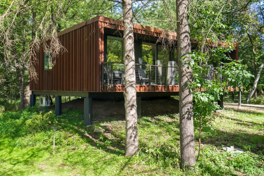 a wooden cabin in the woods with trees at Modern Chic in Lake Elmo