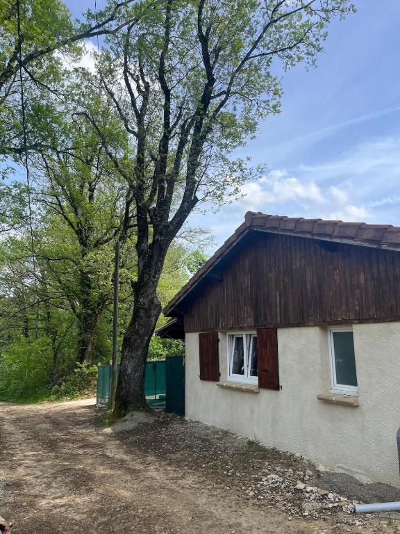 une maison avec un arbre devant dans l'établissement L'écrin du Bonheur, à Saint-Bardoux