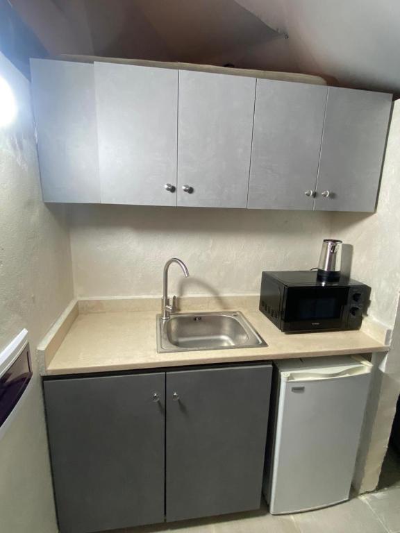 a small kitchen with a sink and a microwave at Nomaddome Glamping Hotel in Mishmish