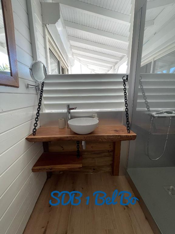 La salle de bains est pourvue d'un lavabo et d'un miroir sur une table. dans l'établissement Haut de villa BEL BO & Bas de villa Tibo accès mer, à Deshaies