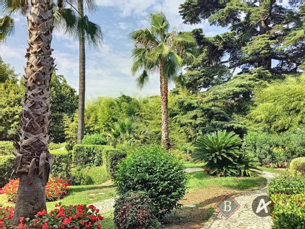 un jardin avec des palmiers et des fleurs dans l'établissement 2 Pièces meublé - piscine, à Cannes