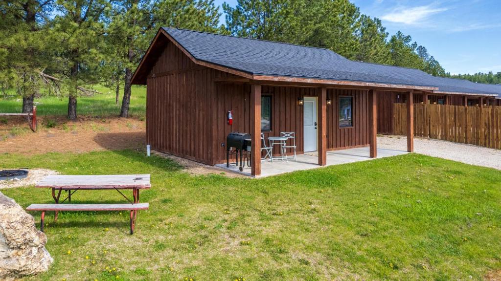 a small building with a picnic table and a grill at Gold Valley Camp Cabin 1 in Custer