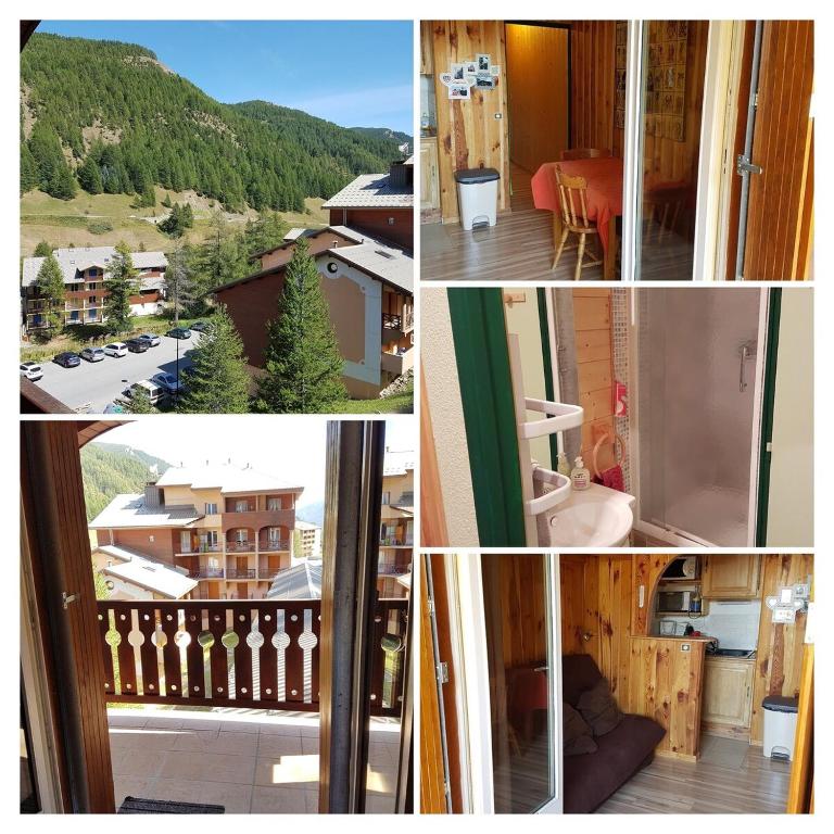 un collage de photos avec vue sur une maison dans l'établissement Comfortable and charming studio Foux d Allos Centre 4 pers, à Allos