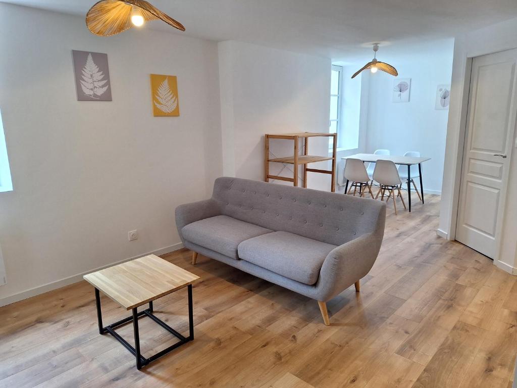 un salon avec un canapé et une table dans l'établissement Notre Dame 5 - Vue privilégiée sur la Loire - Hypercentre - 2 chambres, à Orléans