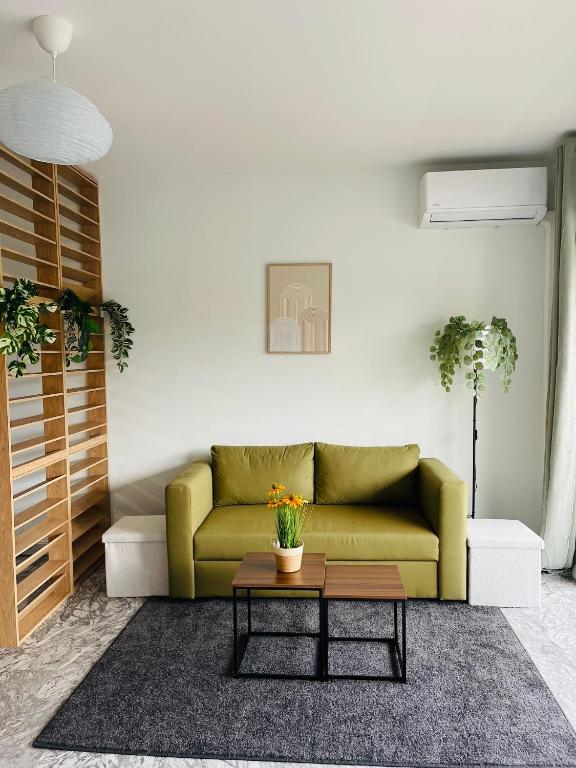 - un salon avec un canapé vert et une table basse dans l'établissement Charming green studio, au Cannet