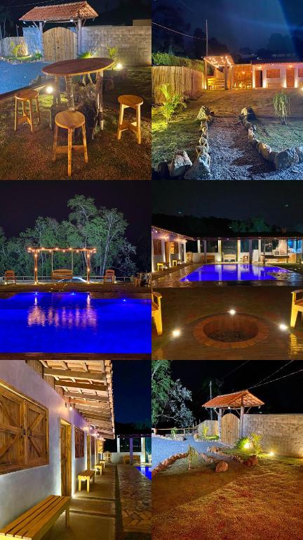 a collage of photos of a house at night at Espaço Vila do Vale in São Roque