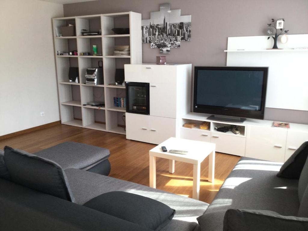 un salon avec un canapé et une télévision dans l'établissement 3 pièces près de la Promenade, à Nice