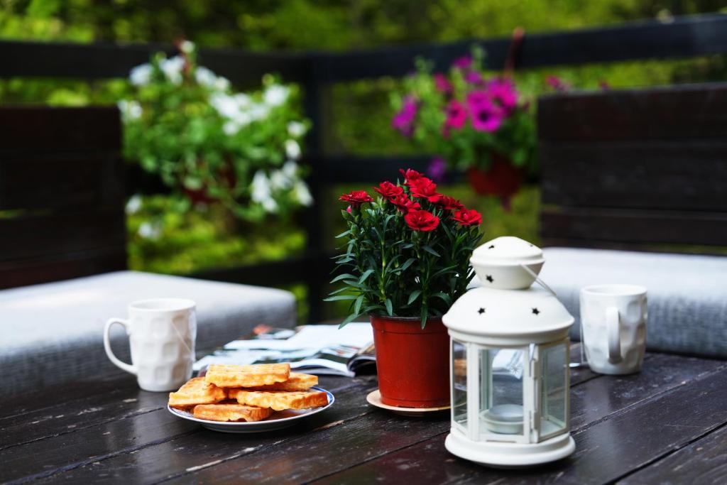 a table with a plate of crackers and a glass appliance at Mladenović Kuća in Kopaonik